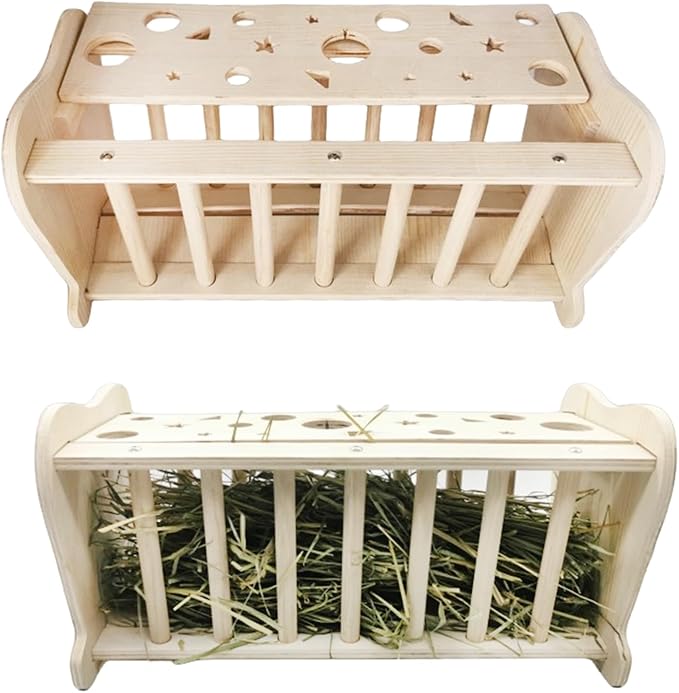 Hamiledyi Rabbit Wooden Hay Feeder Natural Wooden Guinea Pigs Hay Rack Large Capacity Rabbits Hay Holder Food Dispenser for Bunny Chinchilla