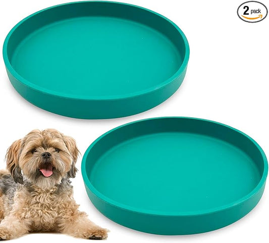 Silicone Dog Bowl Shallow Cat Food Bowls 7" Wide Puppy Plates Whisker Fatigue Pet Feeding Dishes Set of 2 for Dry and Wet Food Indoor (Round Green)