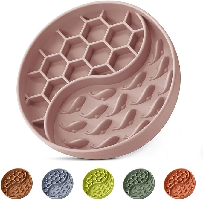 Slow Feeder Dog Bowls, Silicone Pet Food Bowls with Suction Cups, Non-Slip Dog Feeding Slow Down Pet Eating Speed for Fast Eaters, Anxiety Relief & Fun Added (Pink)