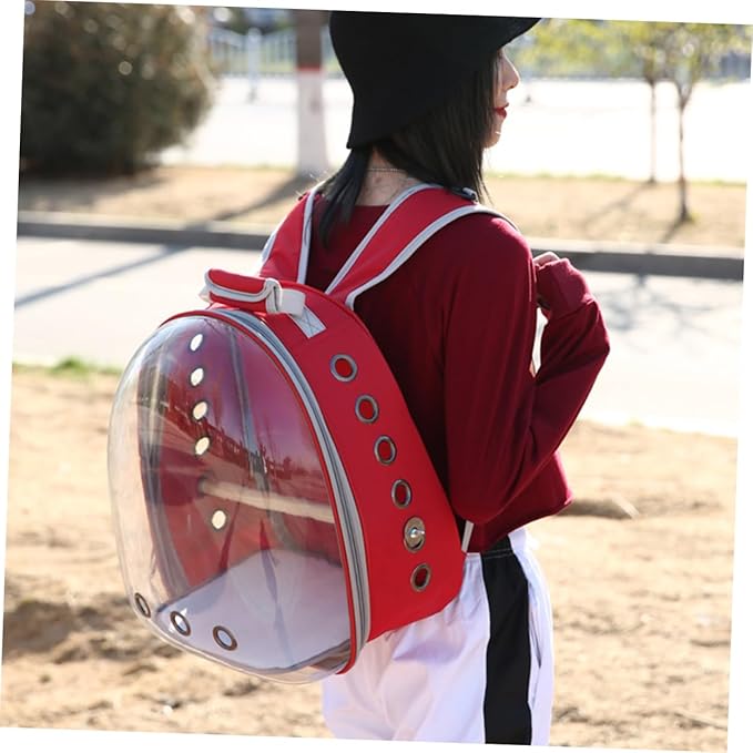 Portable Pet Backpack for Birds Breathable Capsule Carrier Ventilation and Inner Wooden Bar for Outdoor Travel Red Transparent Parrot Bag