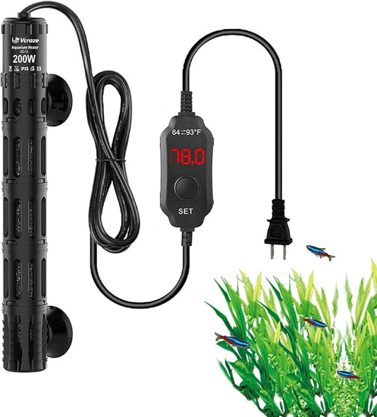 Aquarium Heater 200W, Submersible Fish Tank Heater with LED Digital Display, Auto Power-Off When Leaving Water & High Temp Protection, for Fresh and Salt Water Tanks 20-40 Gal