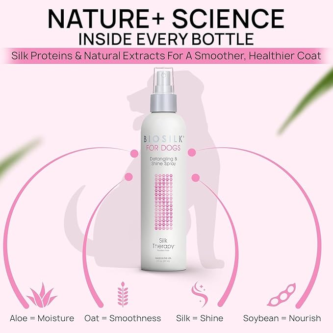 BioSilk for Dogs Silk Therapy Detangling and Shine Protecting Spray, pH Balanced Leave-in Mist with Silk and Vitamins for Dematting, Paraben-Free, All Coats and Breeds, 8 Fl Oz - 6 Pack