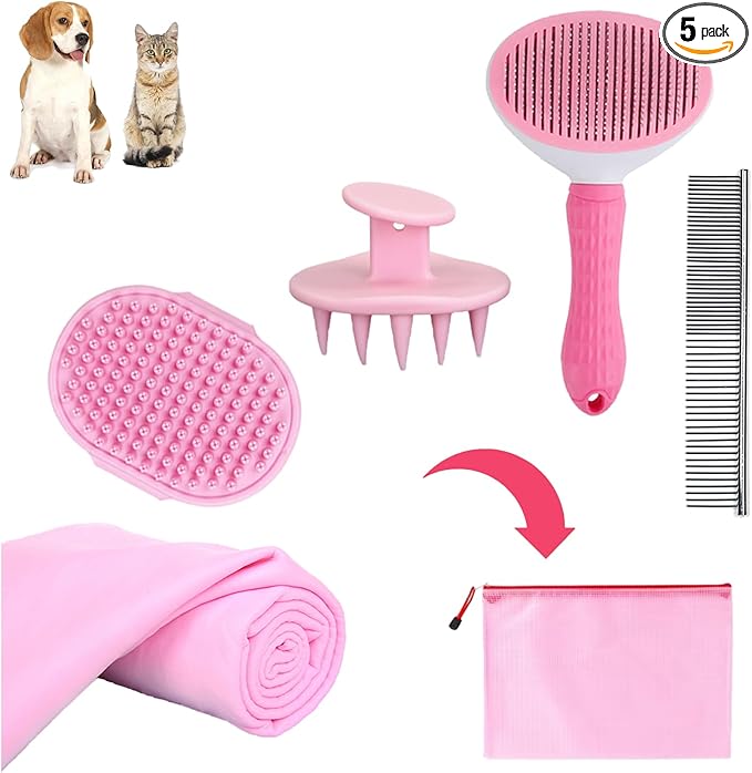 Dog Bath Brush Bathing Kit 5PCS - Pet Washing Brush, Dog Brush for Shorted Haired Dogs, Dog Scrubber for Bath, Scalp Scrubber Hair Bath Brush Set Pink