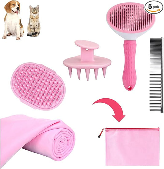 Dog Bath Brush Bathing Kit 5PCS - Pet Washing Brush, Dog Brush for Shorted Haired Dogs, Dog Scrubber for Bath, Scalp Scrubber Hair Bath Brush Set Pink