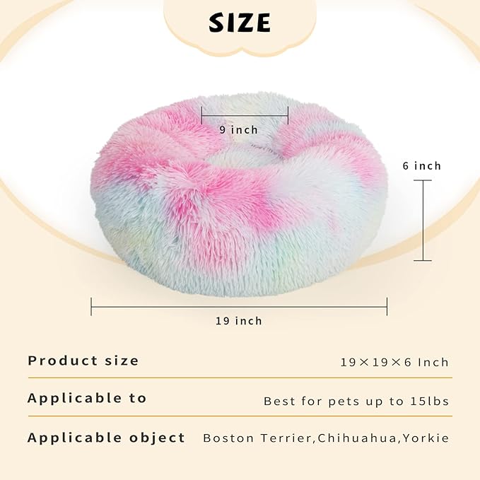 nononfish Calming Donut Beds for Small Dog Washable, 19 Inch Fluffy Round for Puppies, Cats & Toy Breeds with Raised Rim, Fits up to 15 lbs Pets, Multi Colored