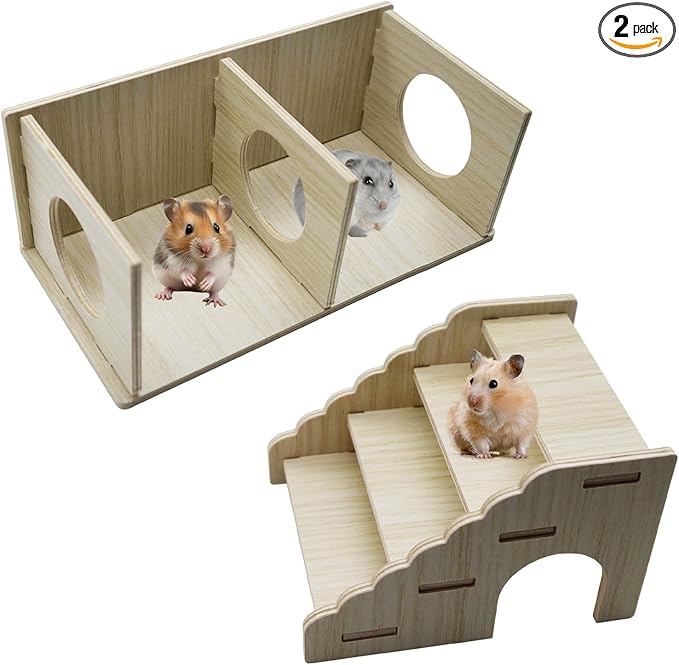 2-Chamber Hamster Tunnel & Wooden Climbing Ladder Bridge，Wooden Hamster Hideout with Ladder for Dwarf Syrian Hamsters Gerbils Mice or Other Small Pets