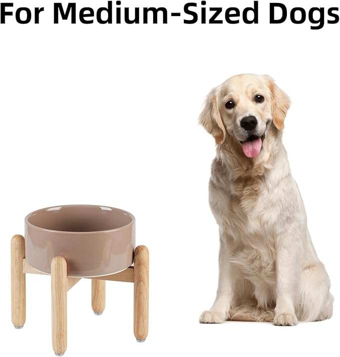 Havniva Ceramic 7.3inch Raised Dog Bowl Set, Elevated with Wooden Stand, Food and Water Bowl for Medium Breed Dogs, Weighted Dog Dishes, Pet Feeder(Brown Coffee)