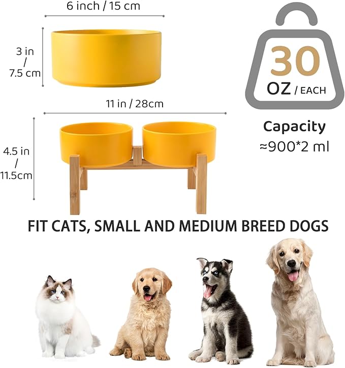 Raised Ceramic Dog Bowl Set - Elevated Dog Bowls with Non Slip Bamboo Stand, Food and Water Bowl Set for Small and Medium Breed Dogs, Pet Bowls, Weighted Dogs Dishes (6'', 2 * 30OZ, Yellow)