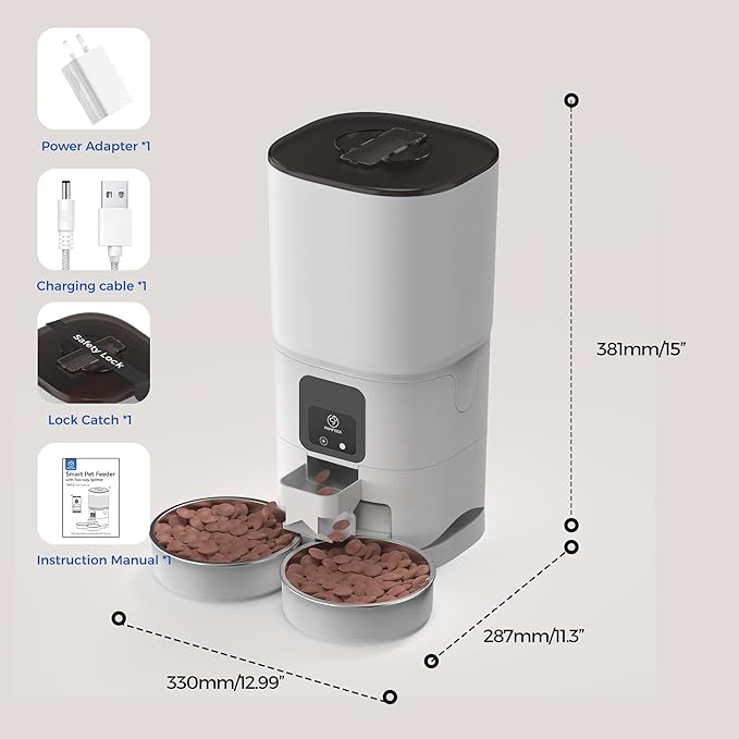 PAPIFEED Automatic Cat Feeder 2 Cats, 2.4G WiFi Cat Food Dispenser with App, 7L Timed Cat Feeder for Dry Food, 10 Meals/Day, 12 Portions/Meal, Smart Pet Feeder for Small Dog, White