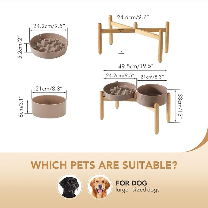 Havniva Ceramic 3.2 Cup Raised Slow Feeder Dog Bowl Set, Elevated 8.2inch Bowl and 9.5inch Slow Pet Food Dish with Wooden Stand for Large Dog (2 x Brown Coffee+ Stand)