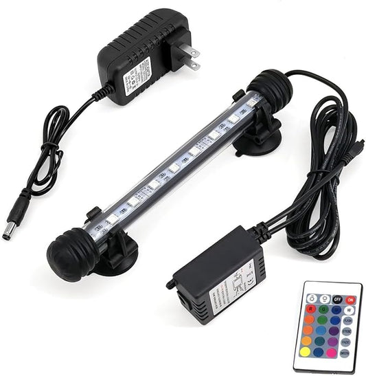 7 inch RGB Aquarium Lights, Underwater Fish Tank Lights IP68 Waterproof Color Changing Adjustable Memory Submersible Remote Control Aquarium Tank Sucker Hood Strip Lamp Waterfall Lights