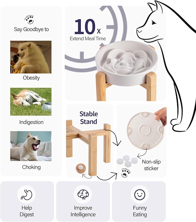 8.26 in White Dog Bowl Slow Feeder Ceramic for Medium and Large Breed, Elevated/Raised Slow Feeding Dog Food Water Dish Heavy Weighted,Puppy Dish for Fast Eaters,Puzzle Eating Bowl Modern Maze