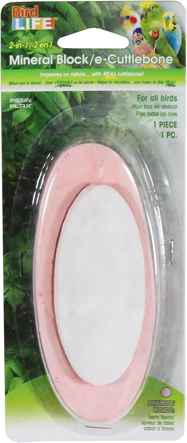 Penn-Plax Bird-Life 2-in-1 E-Cuttlebone & Mineral Block, 1 Pack (1 Count) - Pink Berry Flavor - Enriched with Vitamins, Omega 3 & Honey - Easy Mounting - Great for All Bird Sizes