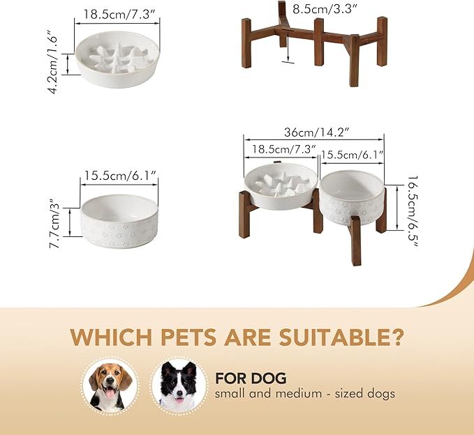 Havniva Elevated Slow Feeder Dog Bowls, 1.2 Cups/7.3 inch Slow Feeders + 6.1 inch Ceramic Dog Food & Water Bowls Set with Acacia Wood Stand Puzzle Bowls for Fast Eater, Small Dogs Anti-Choking