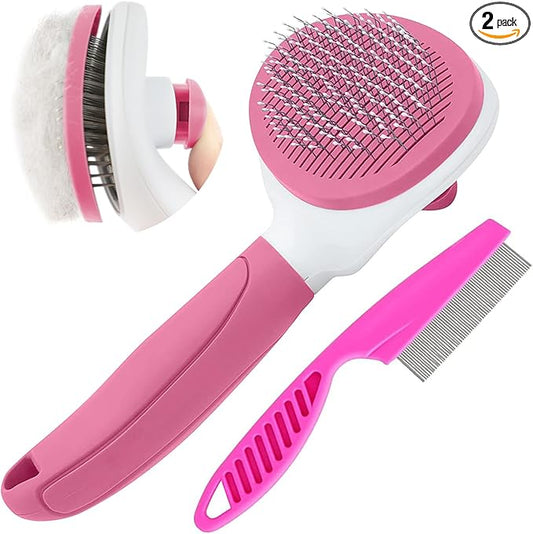 Cat Brushes for Indoor Cats, Dog Brush for Shedding with Metal Cat Comb, Self Cleaning Pet Hair Brush with Release Button for Grooming Kitten(Pink)