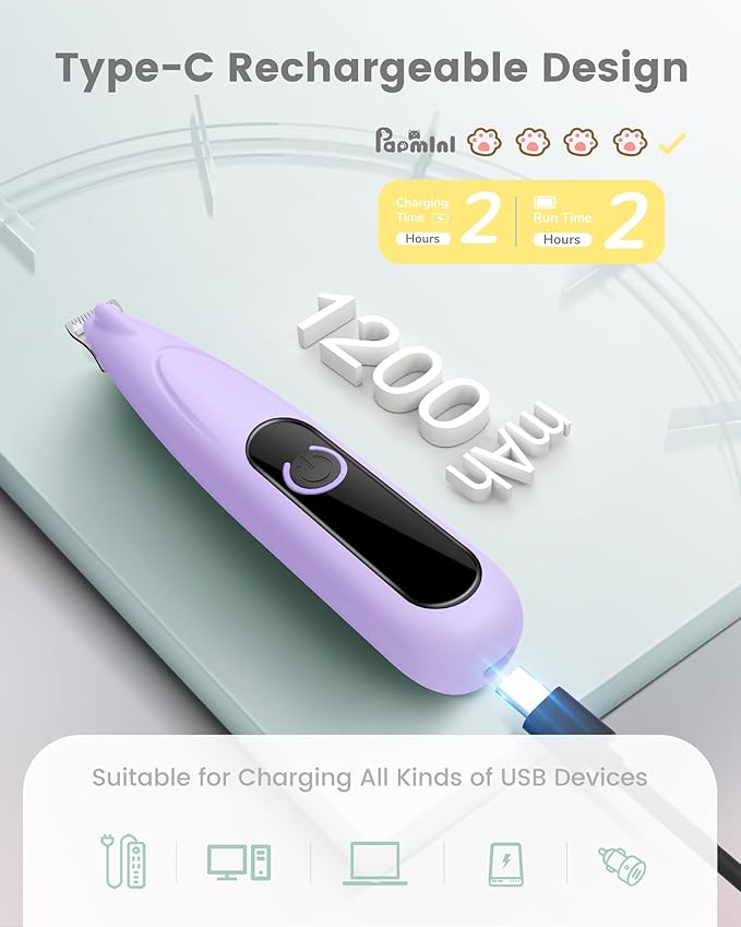 PAPMINI Dog Paw Trimmer with LED Display,35dB Ultra-Low Noise Dog Grooming Clippers,Cordless Paw Trimmers for Dog's Feet with LED Light,Type-C Rechargeable Cat Hair Trimmer for Paws, Ears, Face, Rump