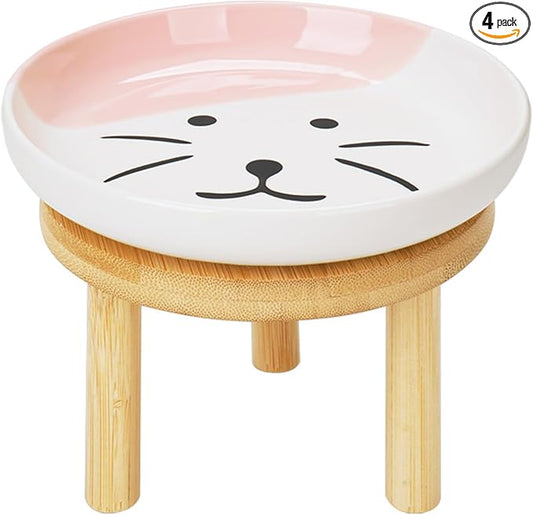 Shallow Elevated Cat Bowls with Bamboo Stand, 5.9 Inch Wide Ceramic Cat Dish Whisker Friendly,Pet Food and Water Plates