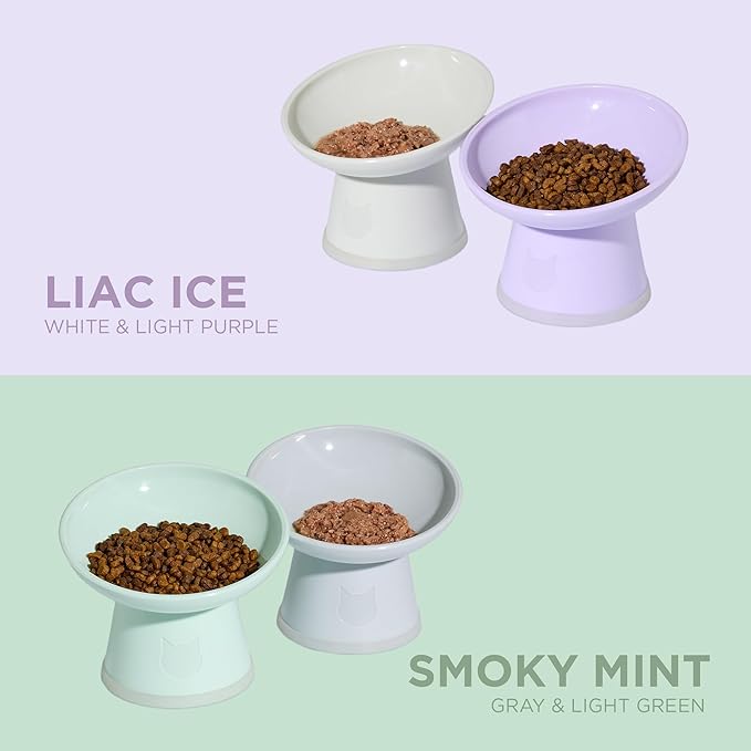Necoichi 2pcs Tilted Elevated Cat Food Bowls BPA-Free Plastic 15° Tilted Raised Cat Bowl for Whisker & Neck Fatigue, Dishwasher Safe Non-Slip & Anti-Vomiting Ergonomic Design (Lilac Ice)