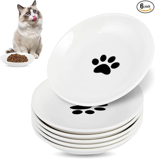 6 Pack Cat Food Bowl, Ceramic Cat Bowls, Anti Whisker Fatigue Cats Bowl Set,5.5 Inches Shallow Wide Kitten Plates for Food and Water (White-E)