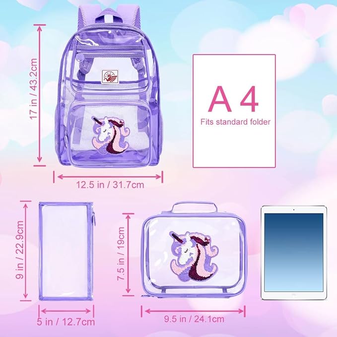 Clear Backpack for Girls and Boys, Kids Transparent Bookbag, 3PCS Cute See Through School Bag for Elementary Prechool