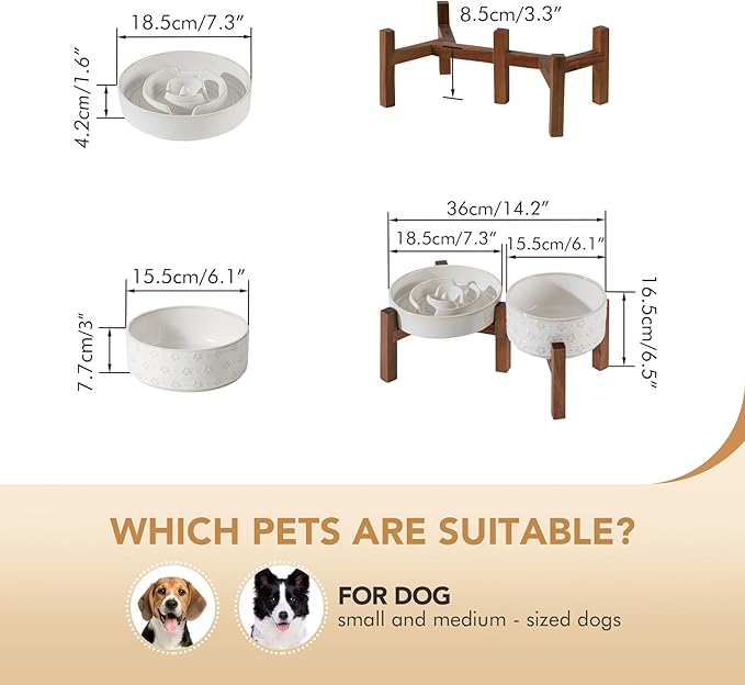Havniva Elevated Slow Feeder Dog Bowls, 1.2 Cups/7.3 inch Slow Feeders + 6.1 inch Ceramic Dog Food & Water Bowls Set with Acacia Wood Stand Puzzle Bowls for Fast Eater, Small Dogs Anti-Choking