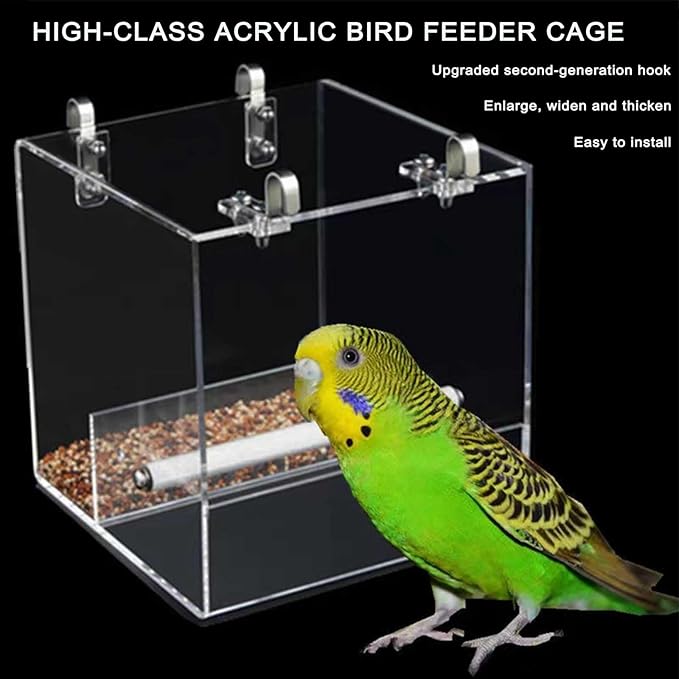 Automatic Bird Feeder for Cage, Automatic Acrylic Bird Feeder No Mess Bird Cage for Small Bird Parrots Canary Parakeet Budgerigar Crested Myna Cockatiel (L: 6.3" x 6.2" x 6.2")