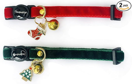 Safety Quick Release Cat Collars,Double Velvet with Bell Available in a Range Colors,Perfect for Your Kitty, Adjustable 20-30 cm (20-30cm, Christmas Set)