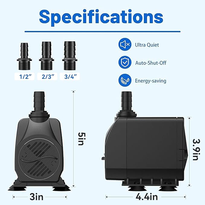 Knifel Submersible Pump 660GPH with AUTO-Shut-Off 8.2ft High Lift for Fountains, Hydroponics, Ponds, Aquariums & More