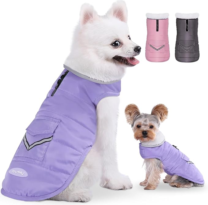iBuddy Dog Winter Coat for Medium Dogs, Easy on Dog Fleece Snow Coat Velcro Waterproof Pet Puffer Jacket with Harness Hole Adjustable Reflective Quilted Pet Cold Weather Vest Wind-poof for Girl Female