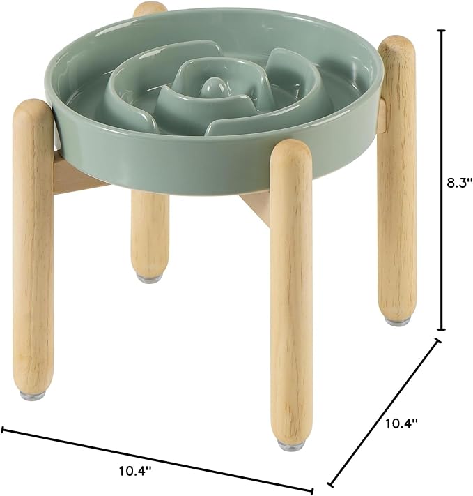 Havniva Ceramic 1.6 Cup Raised Slow Feeder Dog Bowl Set, Elevated Wooden Stand for Medium and Large Dog, 8.2inch Puzzle Slow Dish, Anti-Gulping(Light Green, Single Bowl+ Stand)