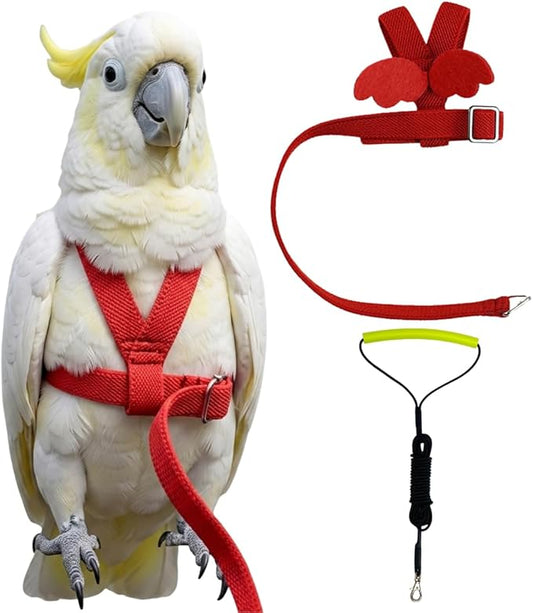 Adjustable Bird Harness with Elastic Leash, Pet Parrot Harness and Leash, Adjustable Training Design Anti-Bite, Bird Nylon Rope with Cute Wing for Conure (Red,Sulphur-Crested Cockatoo)