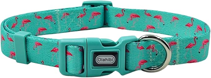 Dog Collar Leash Set, Flamingo Pattern, Polyester Material, Adjustable Collar and 5ft Matching Leash, for Puppy Dogs.(XS, Green Flamingo)