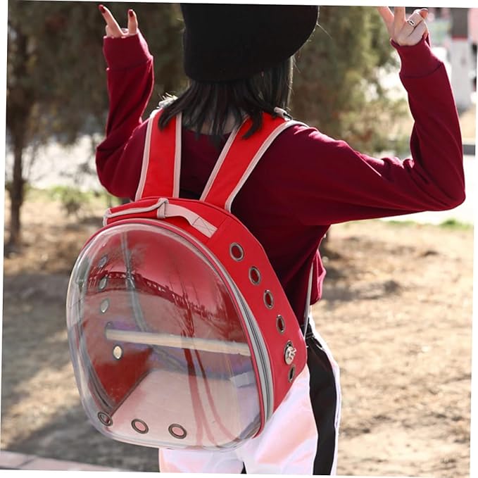 Mikikit Portable Parrot Backpack Carrier with Breathable Design and Wooden Stand for Outdoor Travel Red Space Capsule Pet Carry Bag