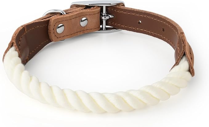 Mile High Life Genuine Leather Dog Collar, Durable Braided Cotton Rope Collar with Metal Pin Buckle for Small Medium Large Dogs (Cream, L Neck 17"-21")