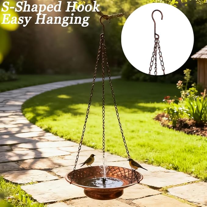 12.6" Hanging Solar Bird Bath, Birdbath Fountain Solar Power, Metal Bird Bath for Outside Hanging, Hanging Bird Fountain for Garden, Patio, Lawn Decor, Bronze