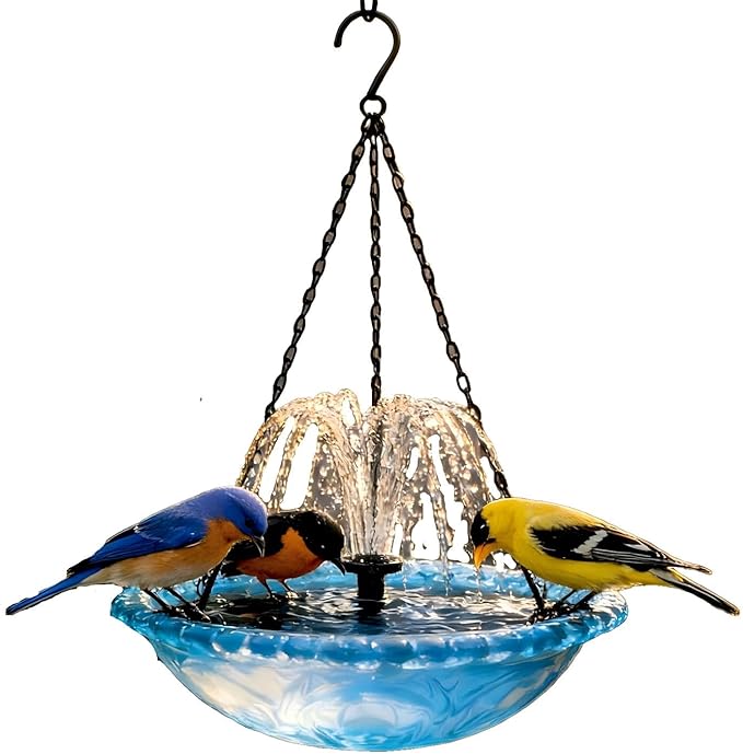 Hanging Solar Bird Bath Fountain with Water Pump, Plastic Basin, 4 Nozzles, Sturdy Metal Chains, Outdoor Garden Decor (Cannot Spray Water, Black)
