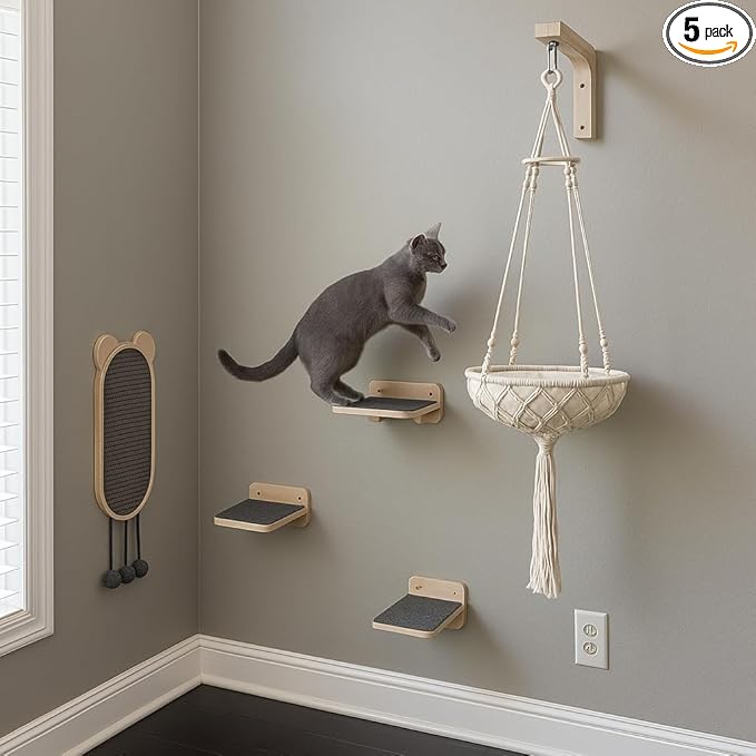 Modern Cat Wall Furniture Set – 5-Piece Hanging Shelves with Macramé Bed, Scratcher & Climbing Steps – Boho Wooden Cat Wall for Indoor Cats