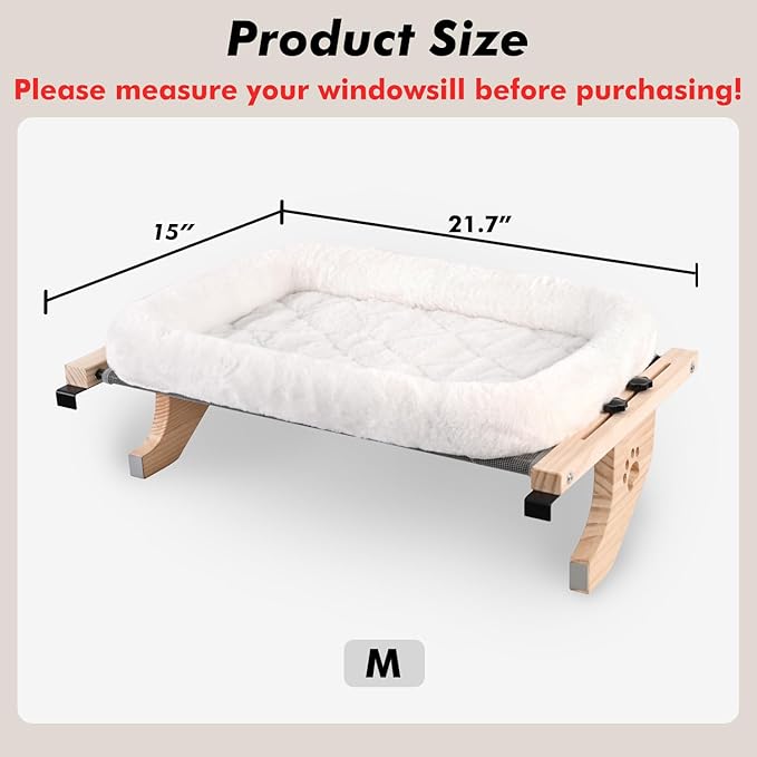 AMOSIJOY Cat Sill Window Perch Sturdy Hammock Window Seat with Cushion Bed Cover, Wood & Metal Frame for Large Cats, Easy to Adjust Cat Bed for Windowsill, Bedside, Drawer and Cabinet(Cushion Bed)