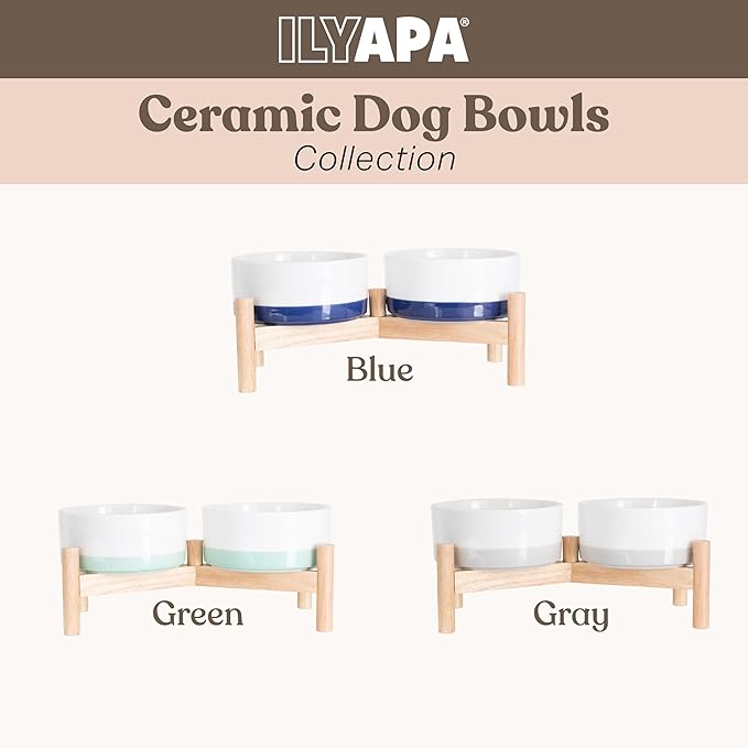 Ilyapa Ceramic Dog Bowls - Elevated for Medium Sized Pet with Raised Food and Water Set - Blue Double 6 inch, 28 Oz Bowls & 13x6.3x5.5 Wooden Stand