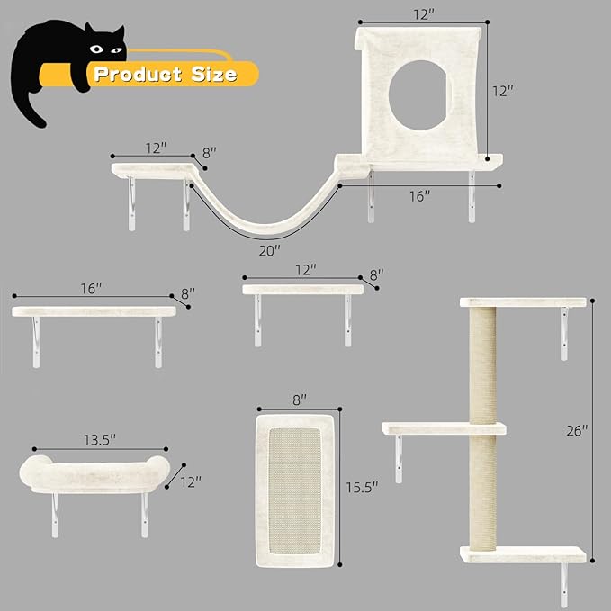 NUNU LAB Wall Mounted Cat Furniture Set - 6 Pcs Climber Set with House, Bridge, Steps, Scratcher Board - DIY Walls Playground, Indoor Cat Shelves - White