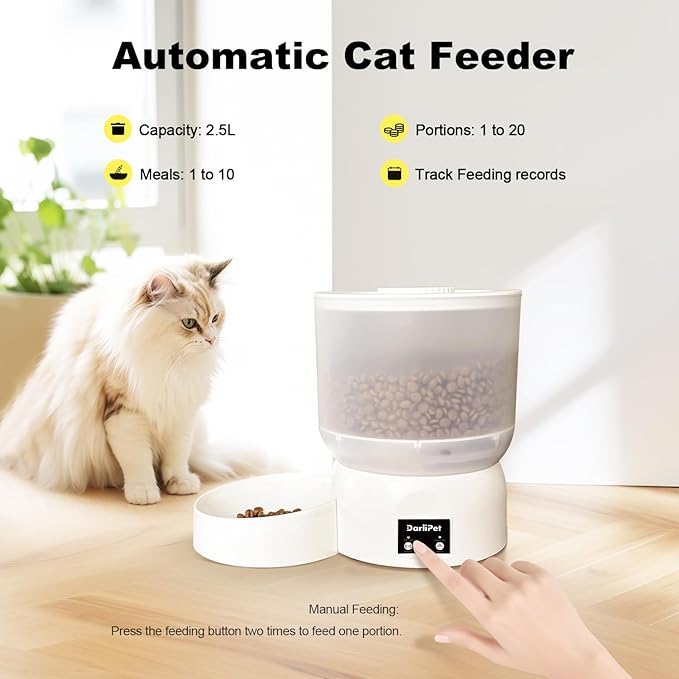 Automatic Cat Feeder with 270-Day Battery Life, Rechargeable Auto Cat Feeder with Slow Feed Mode & Very Quiet Dispensing, 2.5L App Controlled Small cat Food Dispenser for Cats & Small Dogs