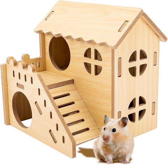 Natural Wood Hamster Habitat Hideout Cage Accessories, Maze Cabin with Fun Slide & Double-Decker House, Exercise Toys for Dwarf Hamsters, Gerbils, Mice, Other Small Animals(Only for Small Hamster E)