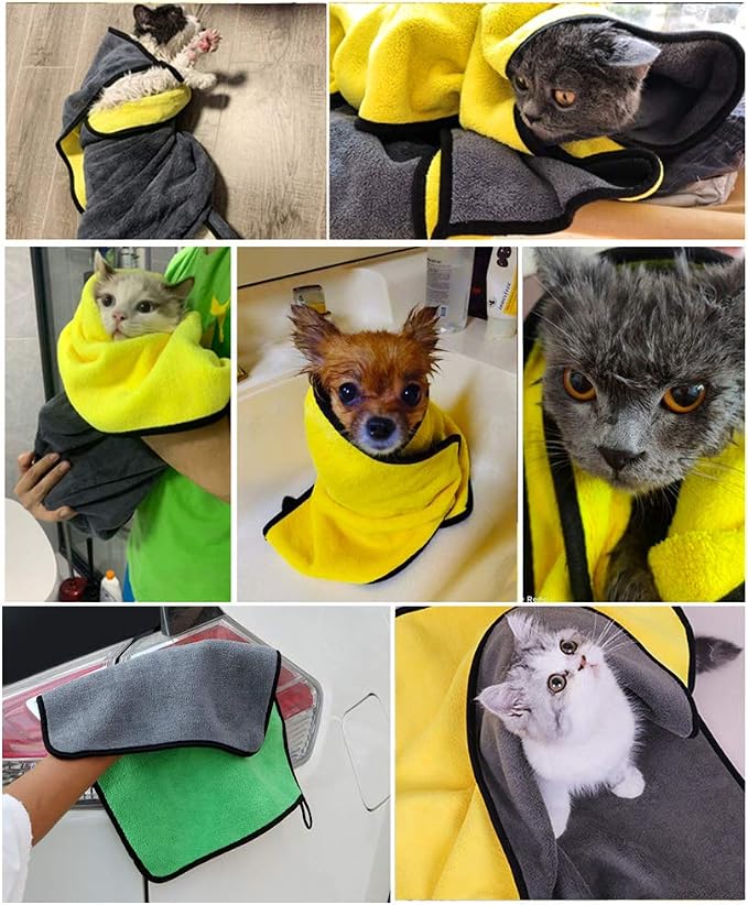 2 Pack Dog Towels Super Absorbent Pet Bath Towel Microfiber Dog Drying Towel for Small Dogs and Cats, Machine Washable, 11.8Inch x 23.6Inch, Yellow-Grey & Green-Grey