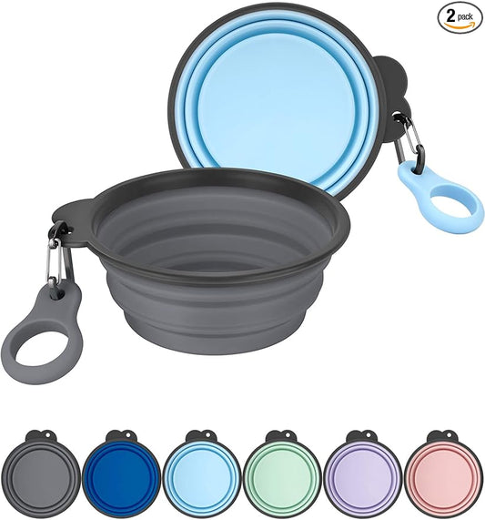 Aonkey Collapsible Dog Bowls with Bottle Carrier, 2 Pack Travel Dog Water Bowl Upgraded Carabiner, One-piece Molded Rim No Fall Off or Crack, Foldable Silicone Portable for Pets Walking Hiking 15oz