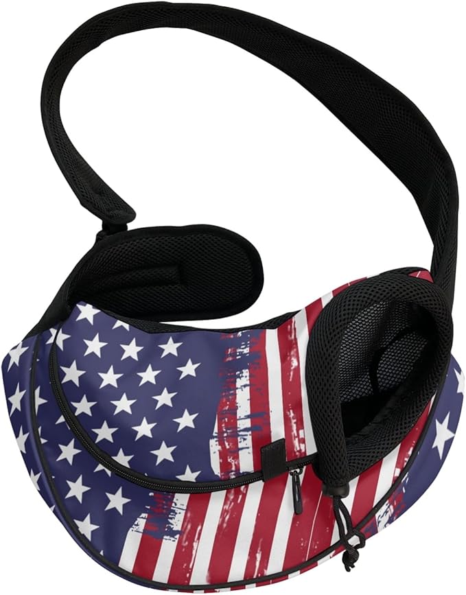 FUSURIRE American Flag Print Small Dog Sling Carrier for Small Pets, Cats and Puppies, Breathable Mesh Cute Front Pack Hands-Free Carrier Bag with Adjustable Shoulder Strap for Outdoor Travel