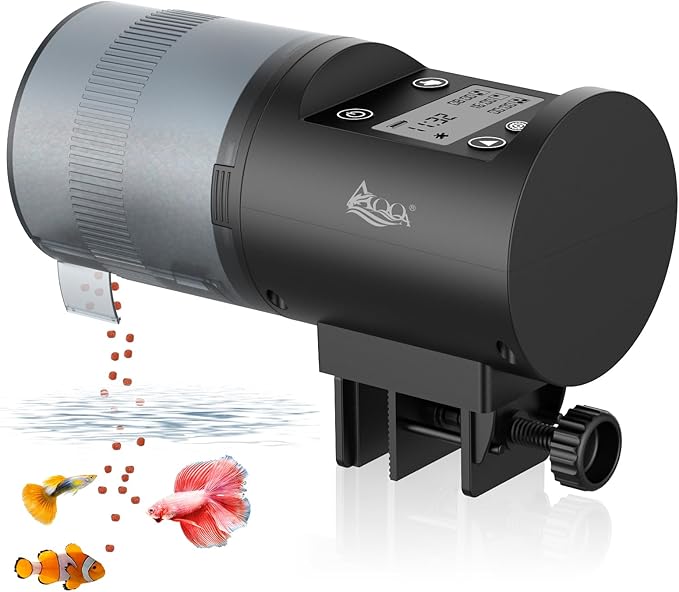 AQQA Automatic Fish Feeder for Aquarium, 200ml Large Capacity Moisture-Proof Fish Feeder Automatic Dispenser with LCD Timer, Battery Operated Auto Fish Feeder for Betta, Turtle, Fish, Koi, Small Tank
