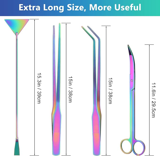 15" Aquarium Aquascape Tools Kit 4P Stainless Steel Aquascaping Set | 4in1 Extra Long Full Metal Design, Scissors, 2P Tweezers And Sand Spatula, For Trimming Plants, Arranging Sand And Aquascape