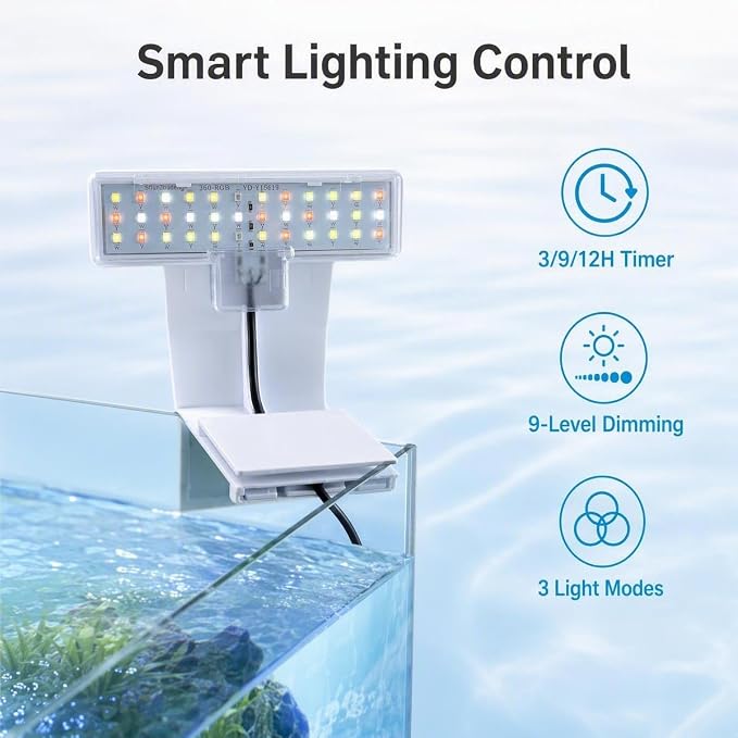 7W Nano Aquarium Light Clip-On Fish Tank Light with Timer & 9-Level Dimming&3 Colors for 1-5 Gallon Tanks, USB LED Full Spectrum Light (Adapter Not Included)