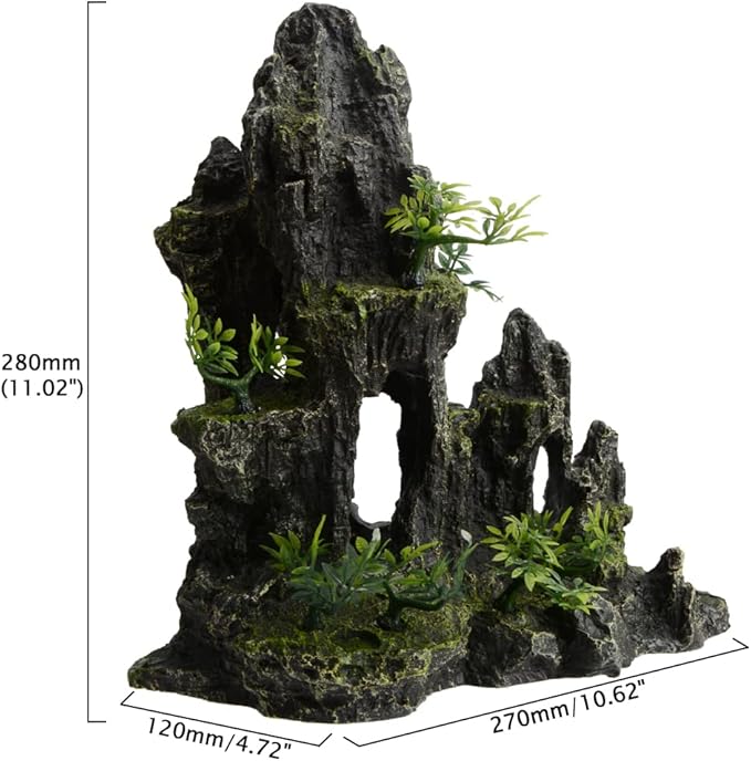 Saim Large Aquarium Mountain View Stone 11.02" Tall Resin Cave Ornament – Betta Hideout with Artificial Plants, for Cichlids Goldfish, Multi-Cave Aquascape Fish Tank Accessories