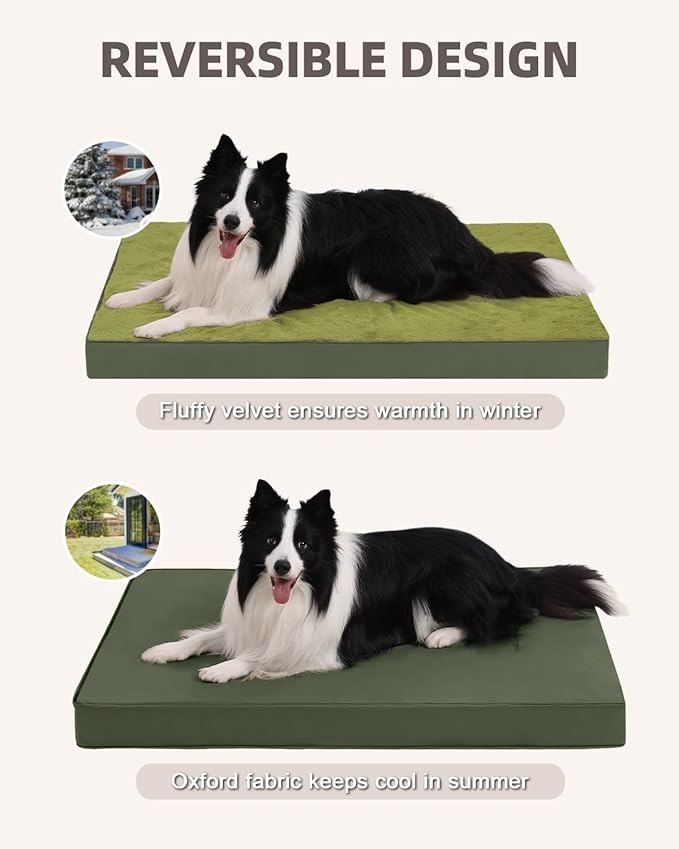 KSIIA Orthopedic Dog Bed Crate Waterproof Pet Mats for Extra Large Dogs Deluxe Plush Washable Pet Bed with Egg Crate Foam & Removable Cover, 47 x 29 Inch, Green